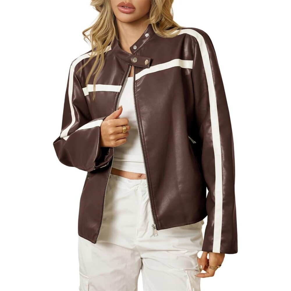 Women's Brown Faux Leather Bomber Jackets Zip Up Color Block Moto Biker Jacket